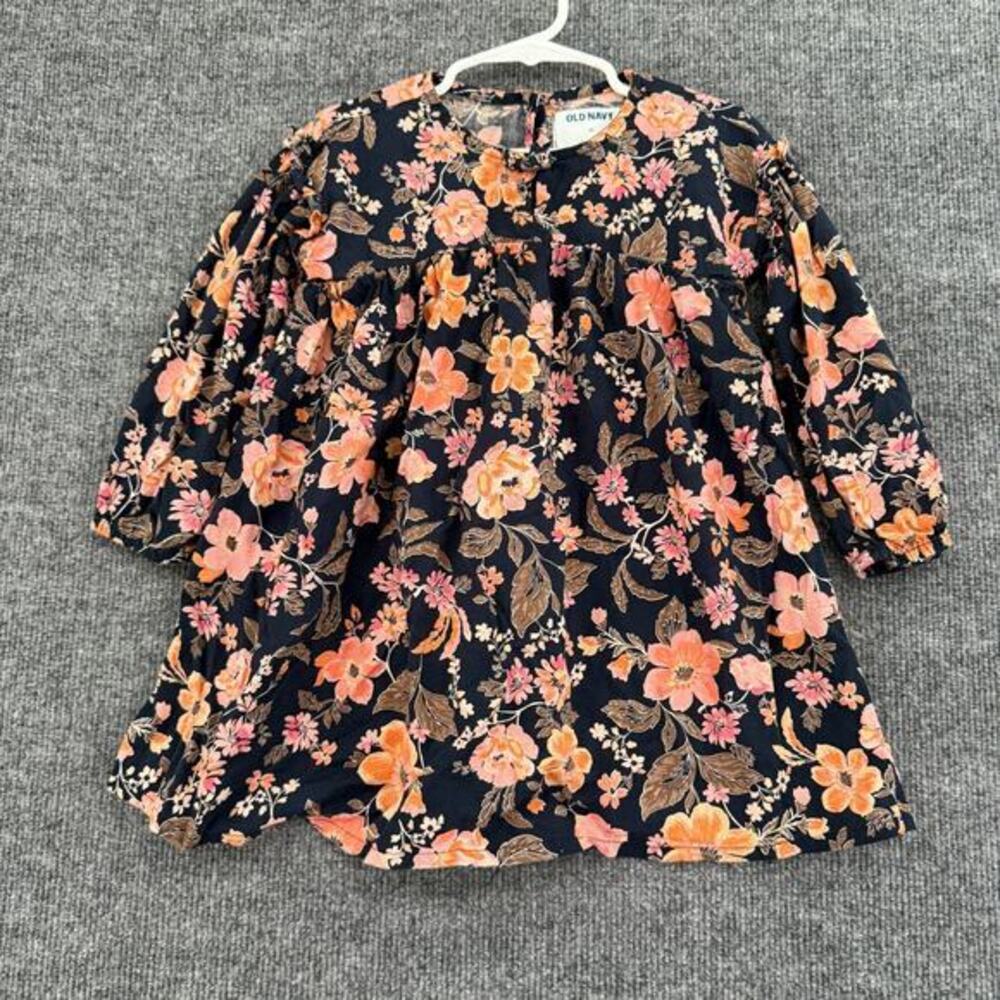 Old Navy Girls Babydoll Tunic Blouse 3T Navy Floral Swing Top Long Sleeve Flowy